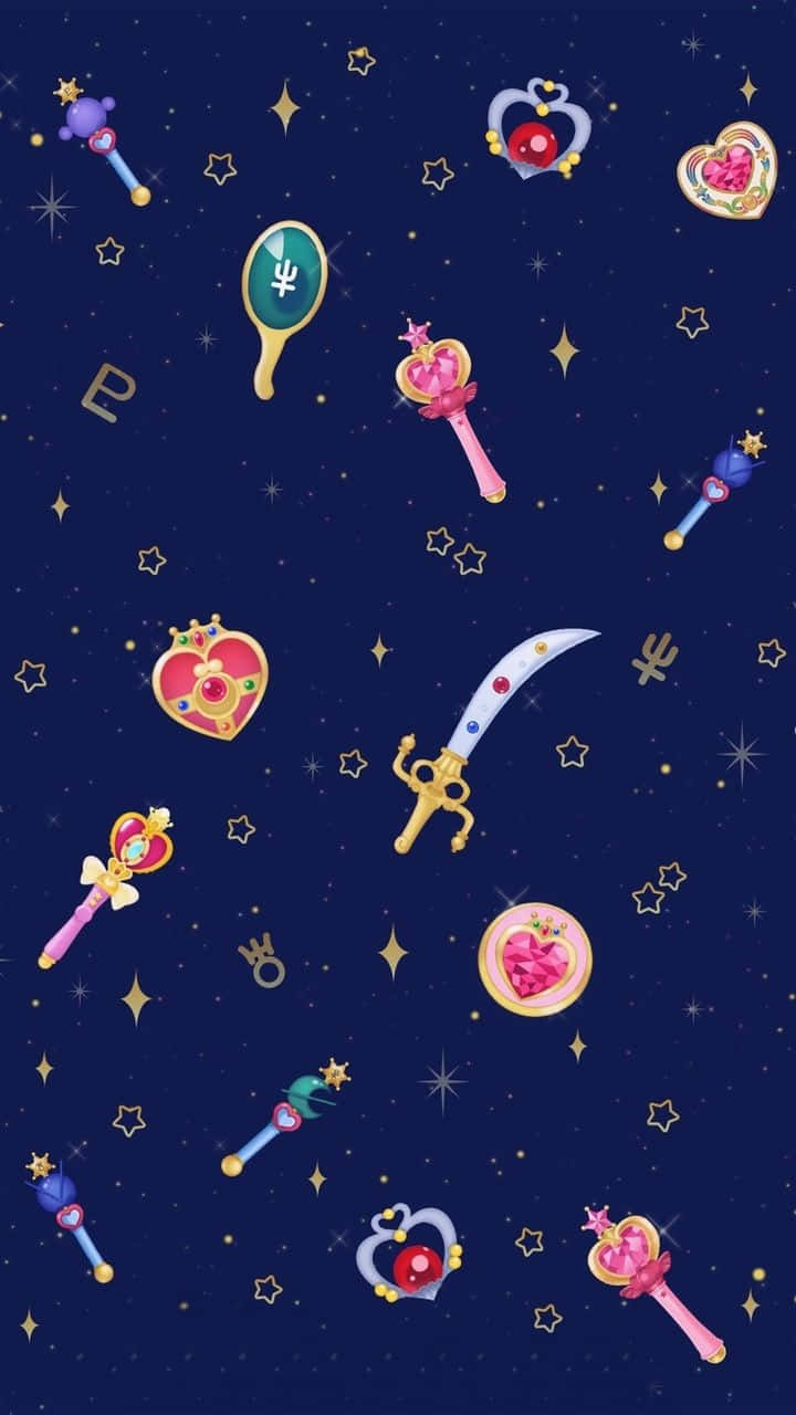 Sailor Moon Pattern, anime-style transformation wands, heart-shaped items, HD Phone Wallpaper