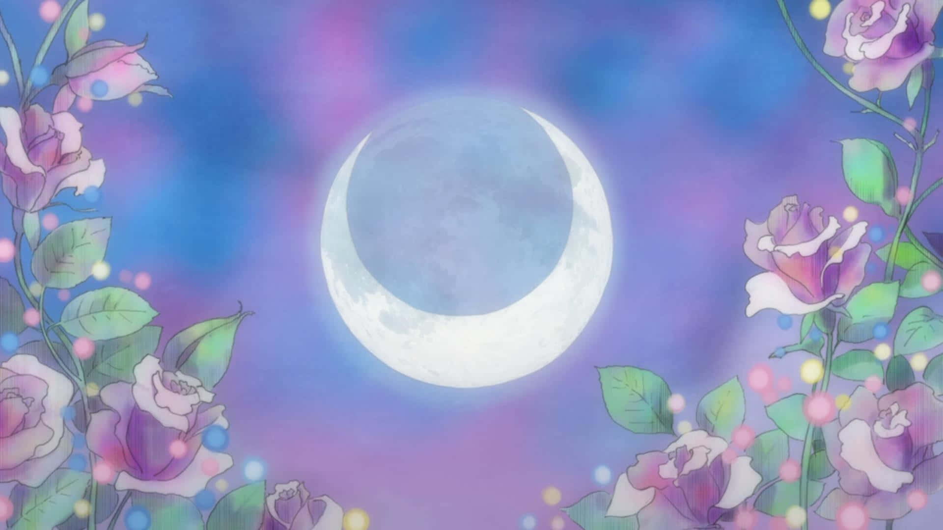 Sailor Moon Pattern, crescent moon, purple roses, Full HD Desktop Wallpaper