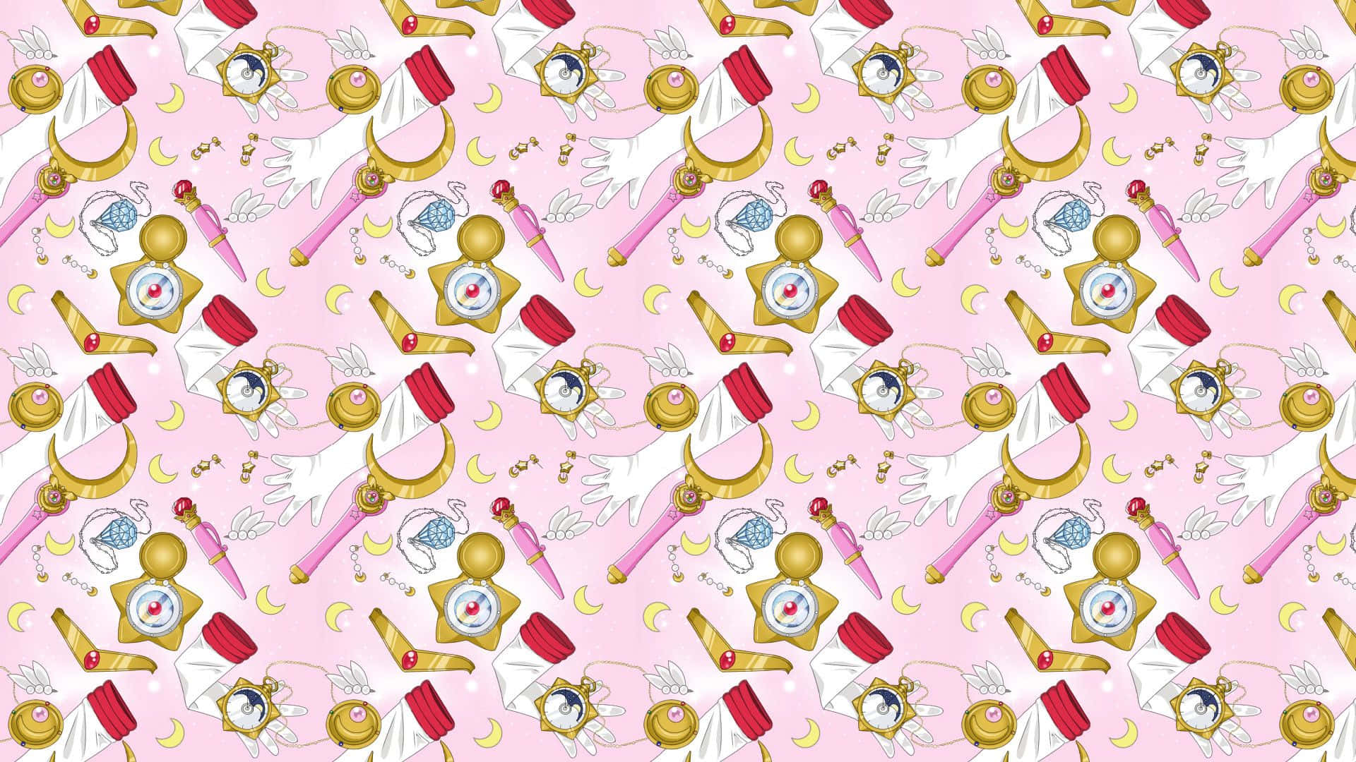Sailor Moon Pattern, pink and gold magical girl wands, crescent moons, Full HD Desktop Wallpaper