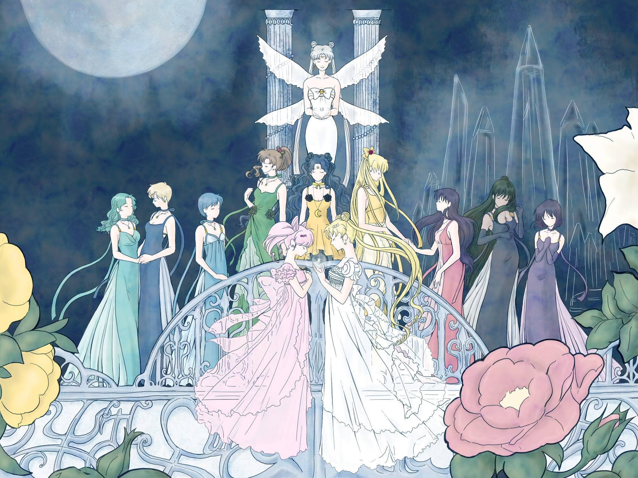 Sailor Moon, group portrait, moonlit balcony, Full HD Desktop Wallpaper
