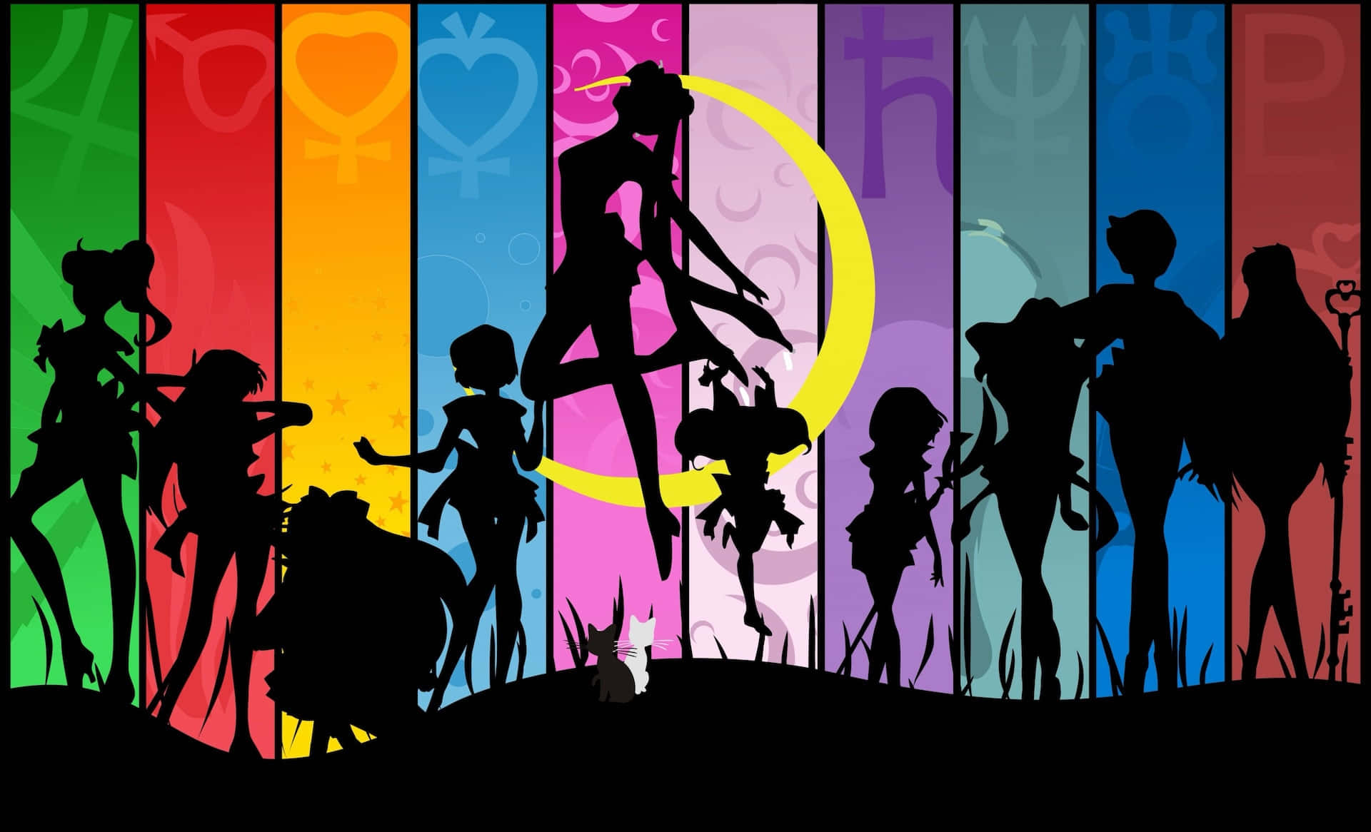 Sailor Moon, silhouette, rainbow striped background, Full HD Desktop Wallpaper