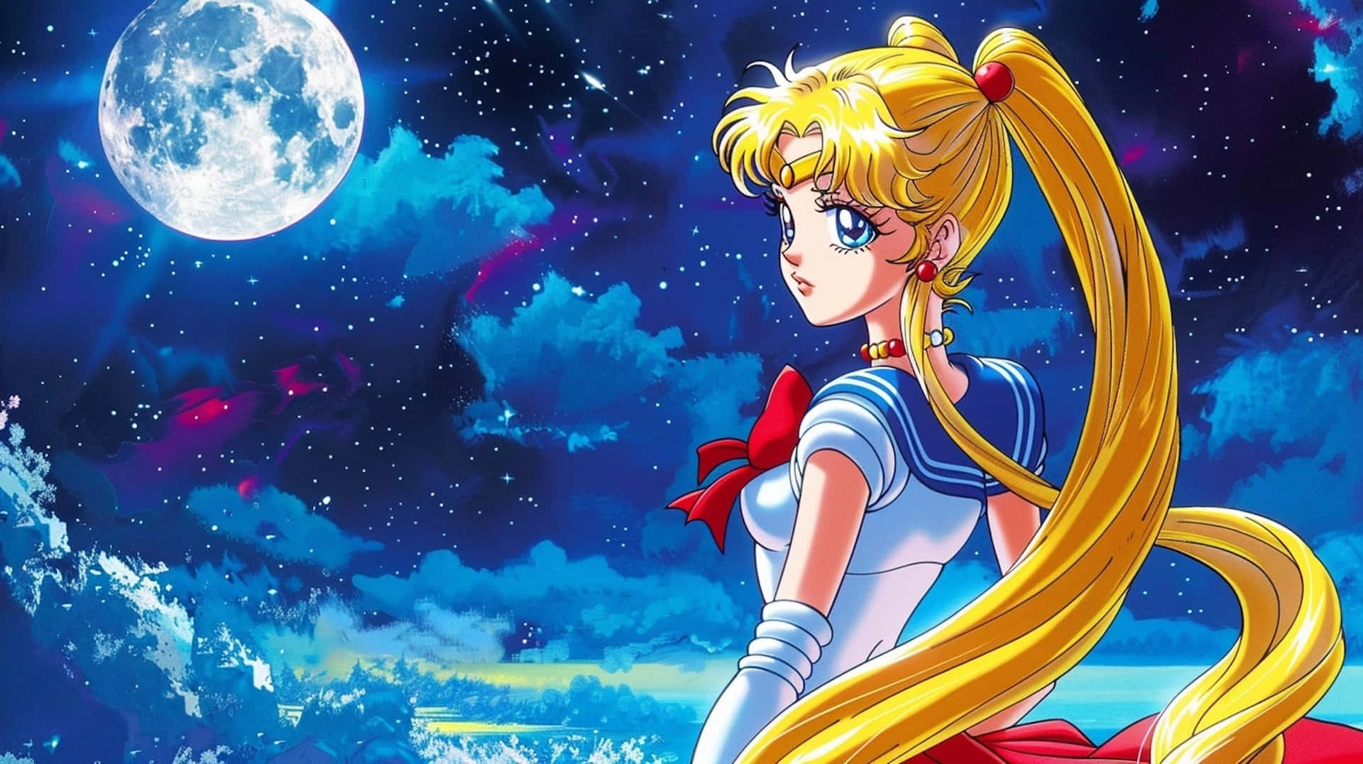 Sailor Moon, full moon, starry night sky, Full HD Desktop Wallpaper
