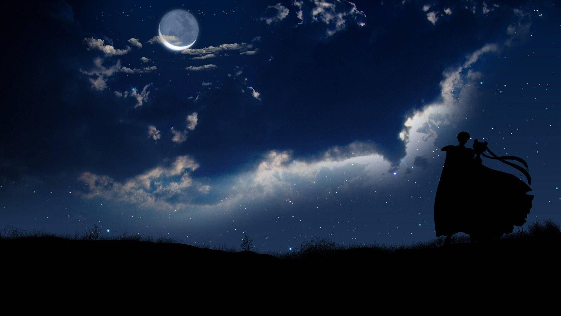 Sailor Moon, crescent moon, starry night sky, Full HD Desktop Wallpaper