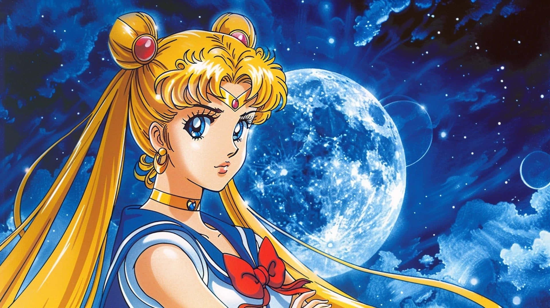 Sailor Moon, starry night sky, glowing full moon, Full HD Desktop Wallpaper