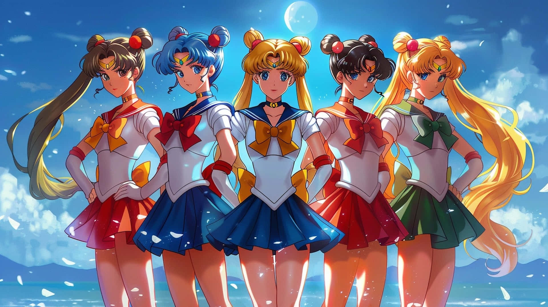 Sailor Moon Team, beach backdrop, sailor uniforms, Full HD Desktop Wallpaper