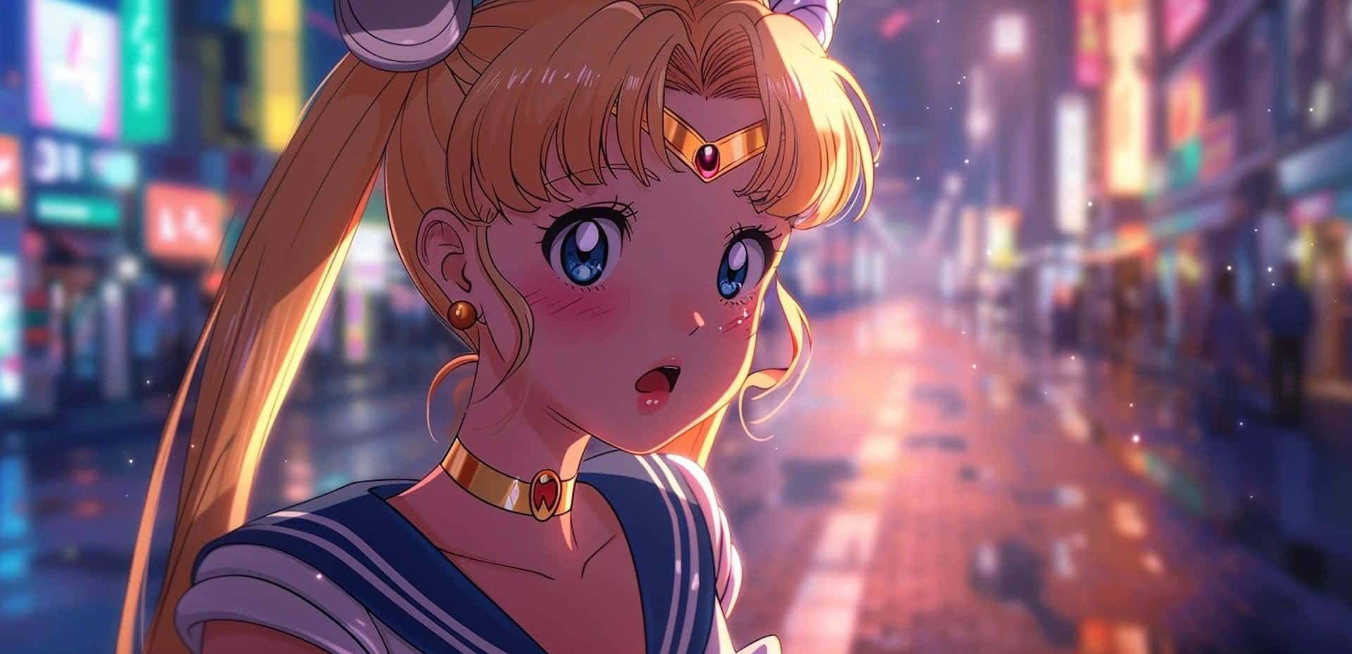 Sailor Moon, city lights, neon city street, Full HD Desktop Wallpaper