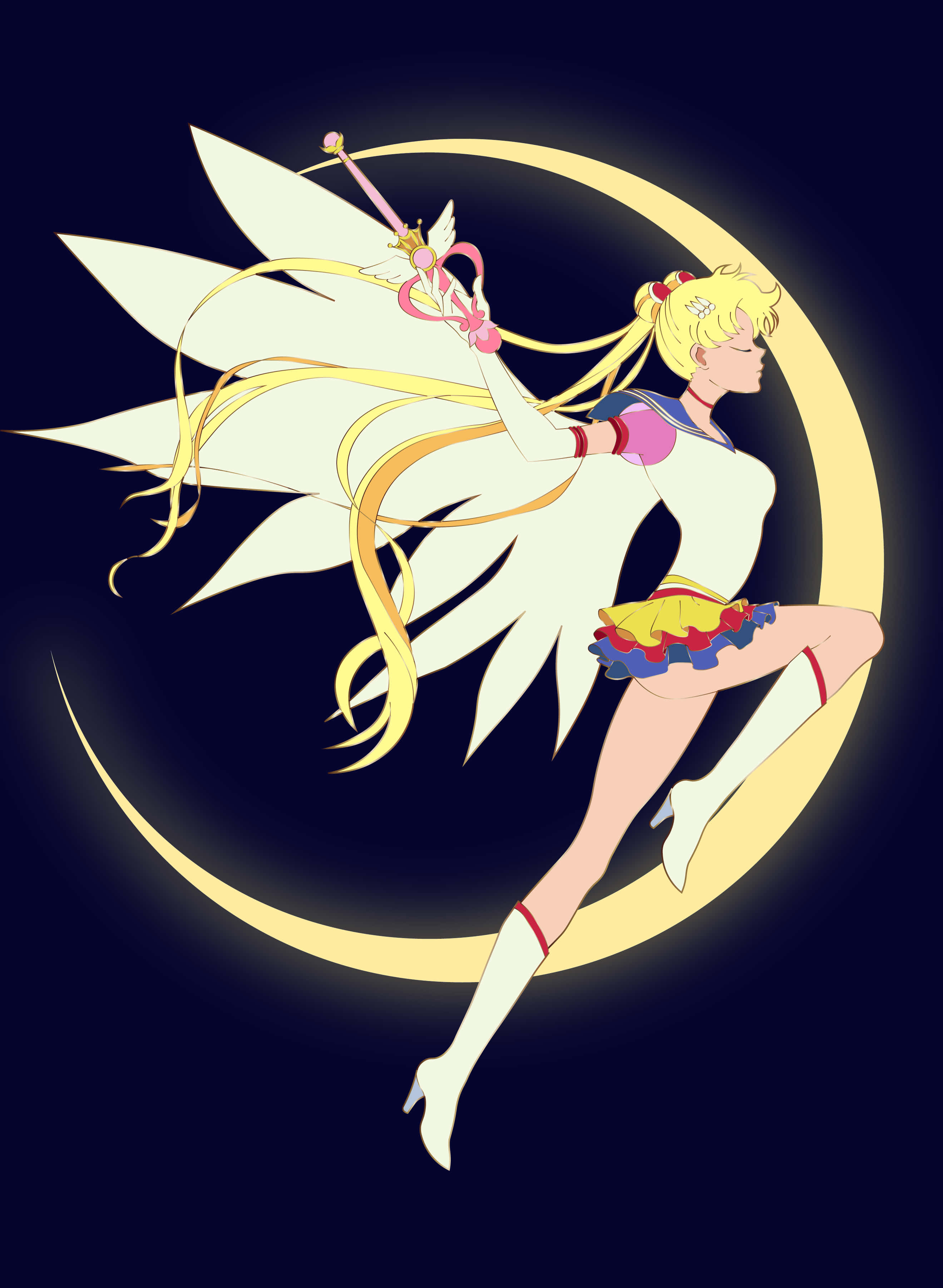 Sailor Moon, crescent moon backdrop, golden hair, 2K Phone Wallpaper
