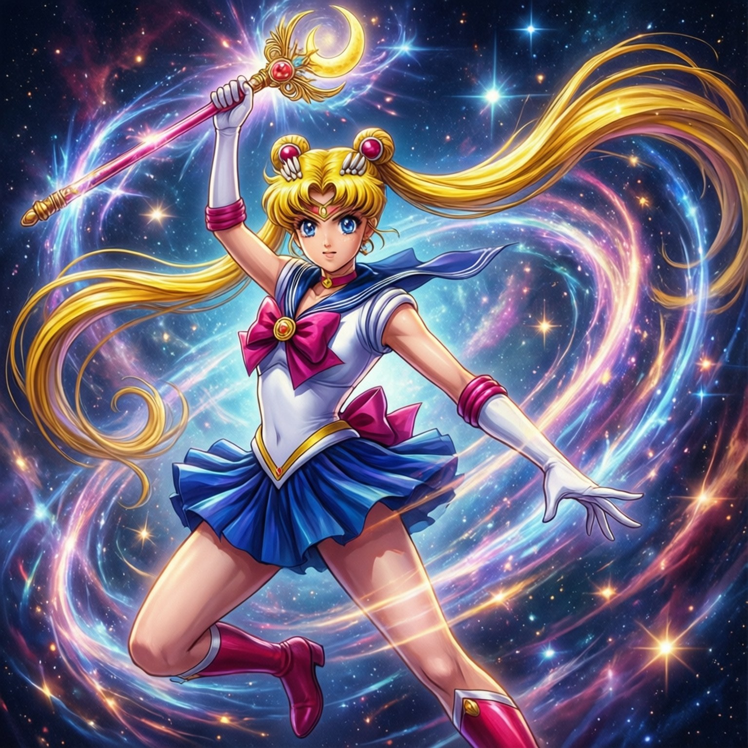 Sailor Moon, cosmic swirl, glowing moon staff, HD Desktop Wallpaper