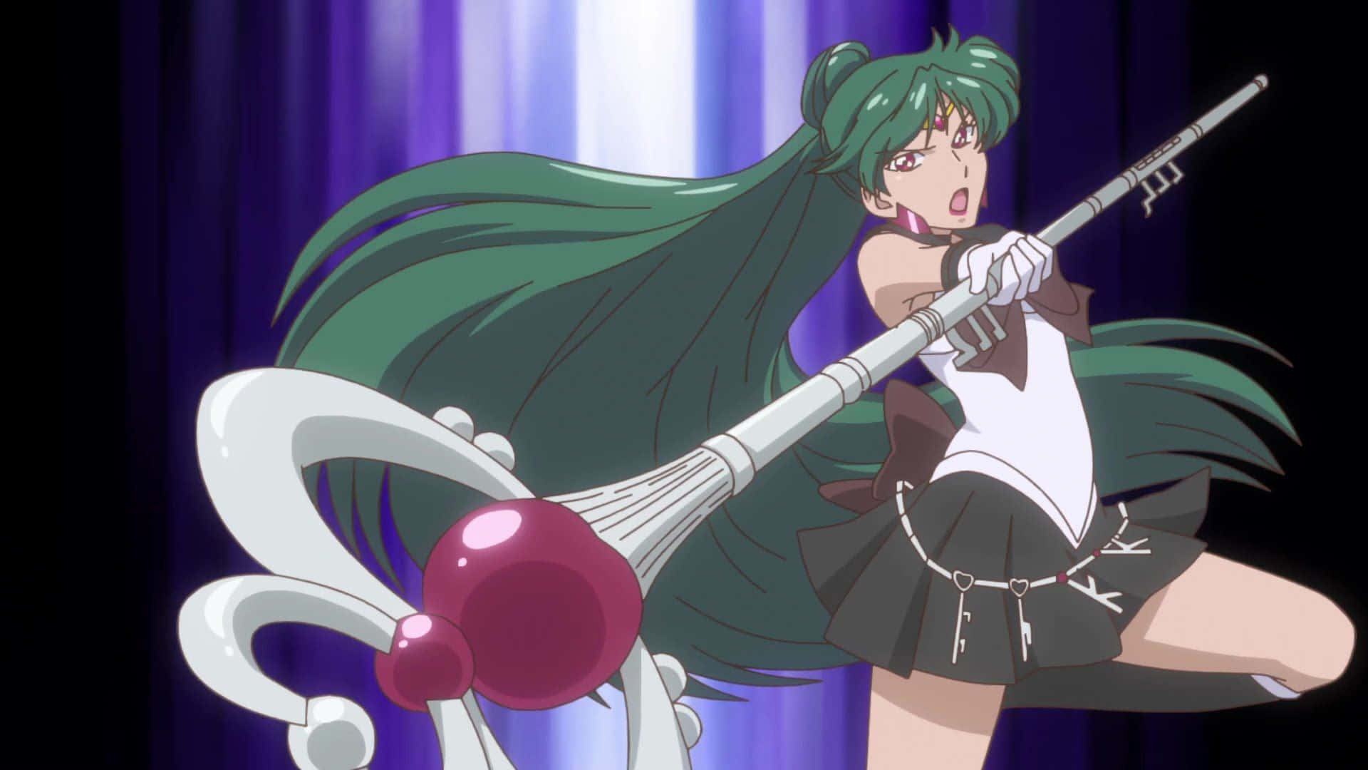 Sailor Pluto, long green hair, glowing staff, Full HD Desktop Wallpaper