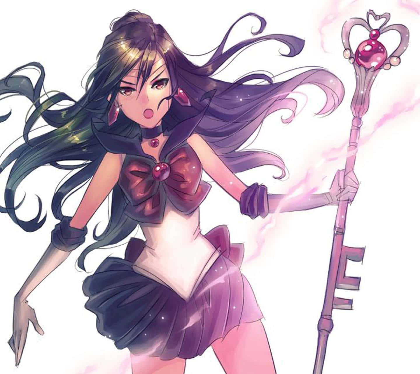 Sailor Pluto, glowing pink staff, long dark hair, HD Desktop Wallpaper