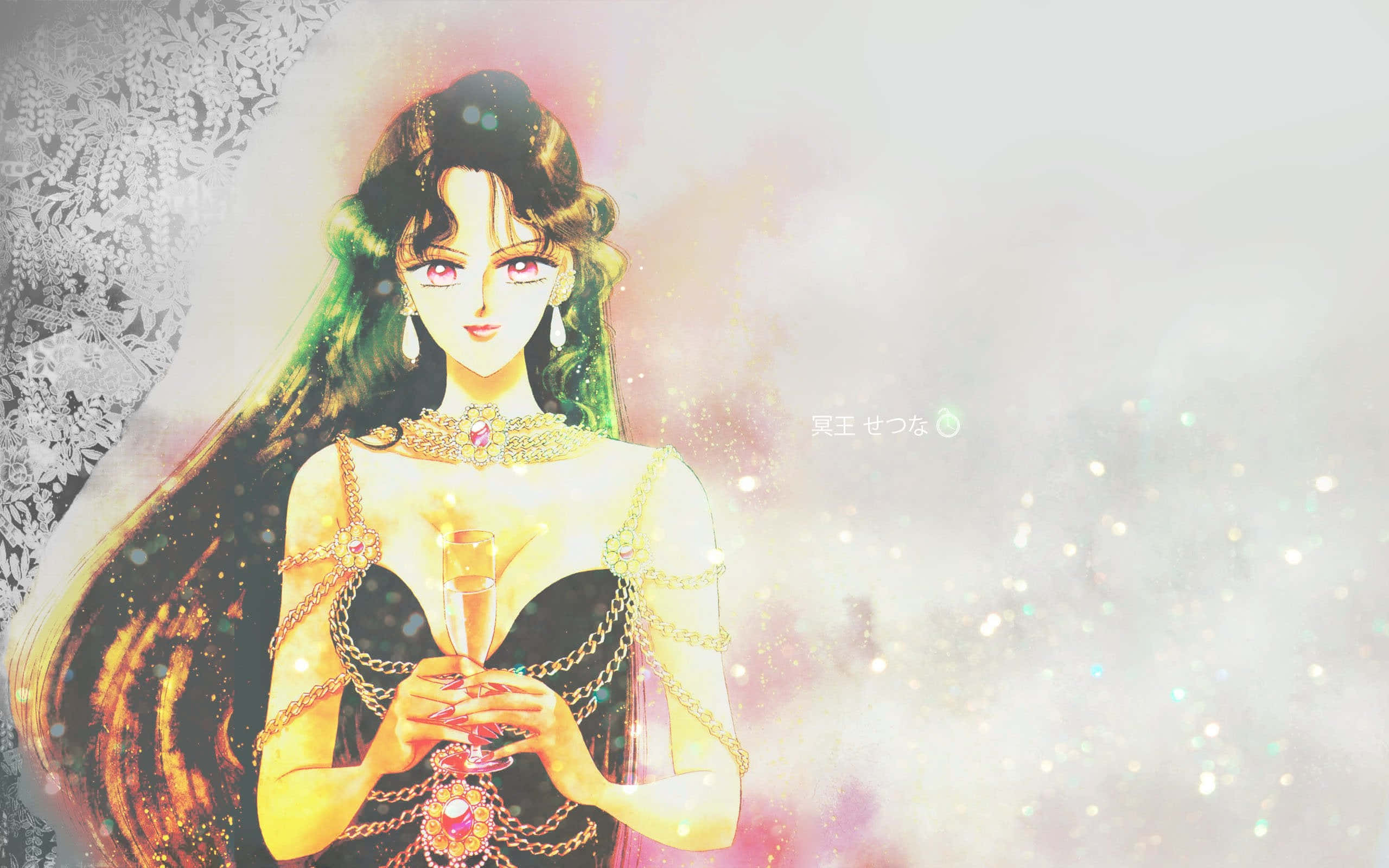 Sailor Pluto, long dark hair, pink eyes, 2K Desktop Wallpaper