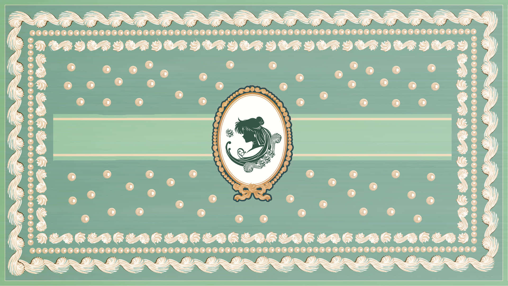 Sailor Pluto, mint green, cream-colored ornate borders, Full HD Desktop Wallpaper