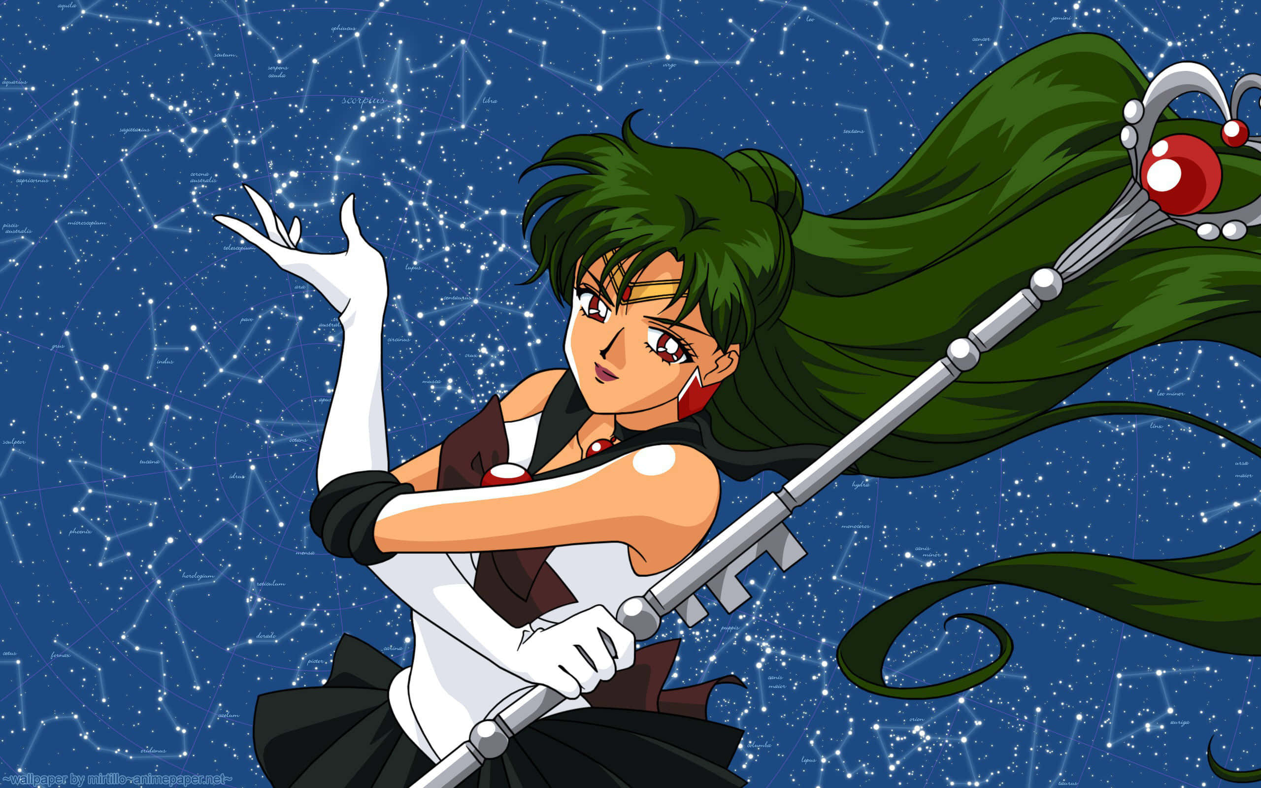 Sailor Pluto, green hair, silver key staff, 2K Desktop Wallpaper