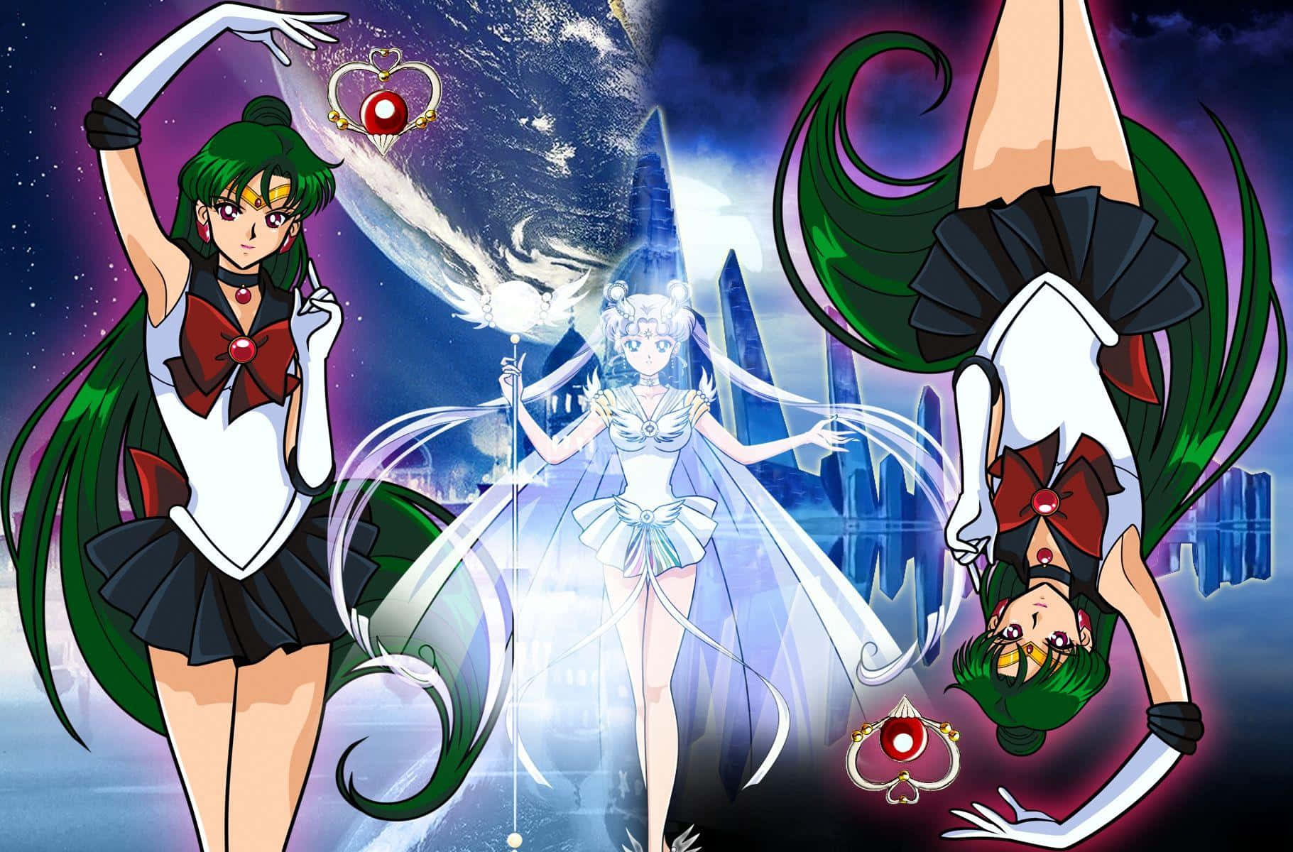 Sailor Pluto, sailor uniforms, cosmic cityscape, HD Desktop Wallpaper