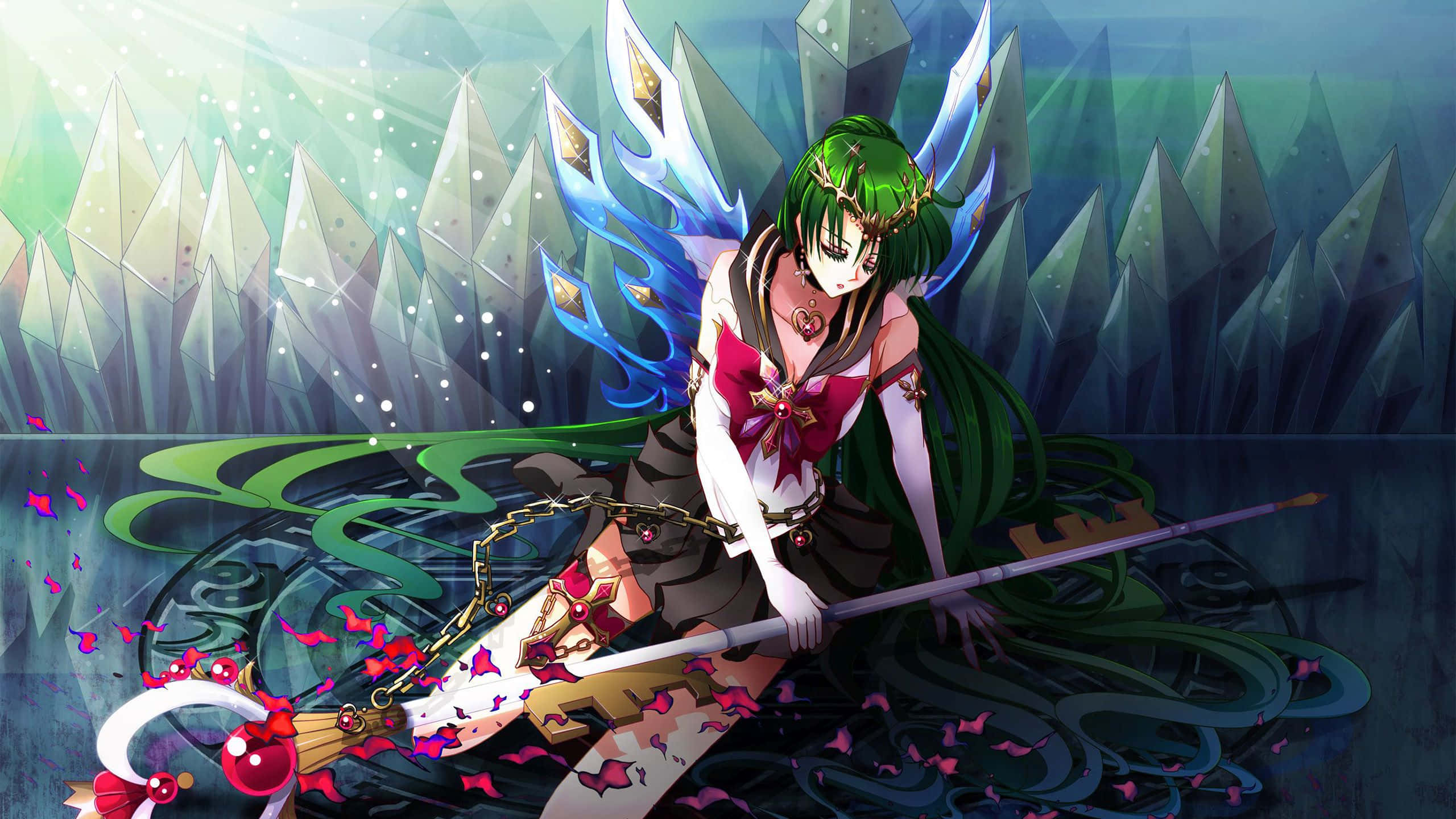 Sailor Pluto, green-haired anime girl, blue wings, 2K Desktop Wallpaper