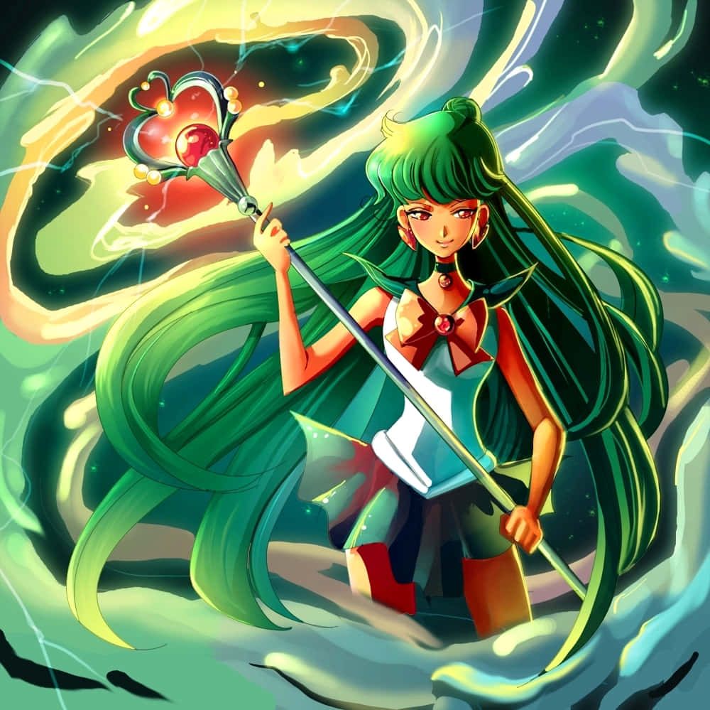 Sailor Pluto, green-haired anime warrior, glowing staff, SD Desktop Wallpaper