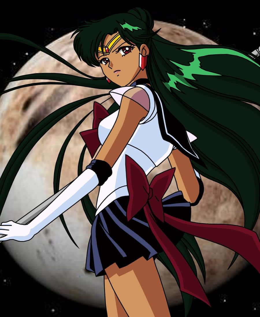 Sailor Pluto, long green hair, red bow, SD Phone Wallpaper