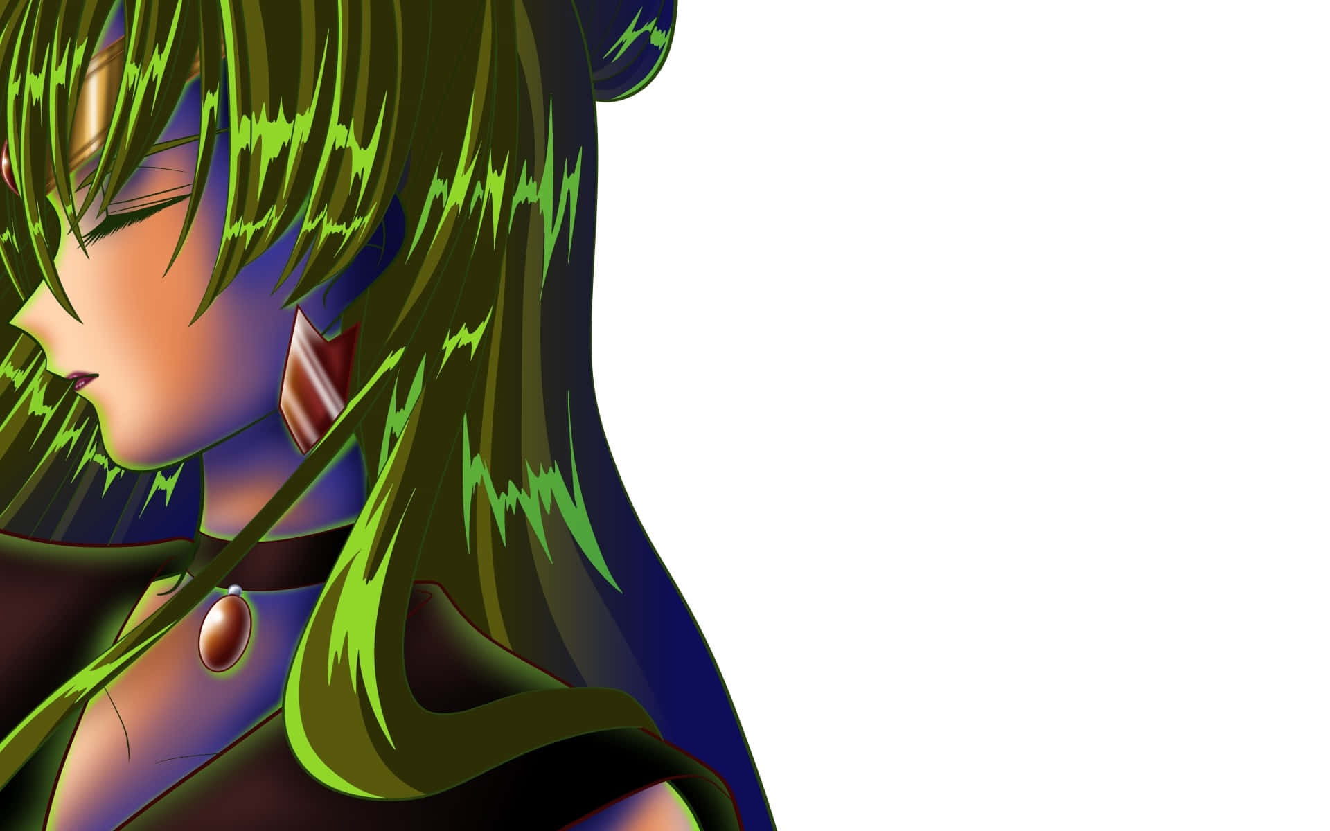 Sailor Pluto, vibrant green hair, glowing accents, Full HD Desktop Wallpaper