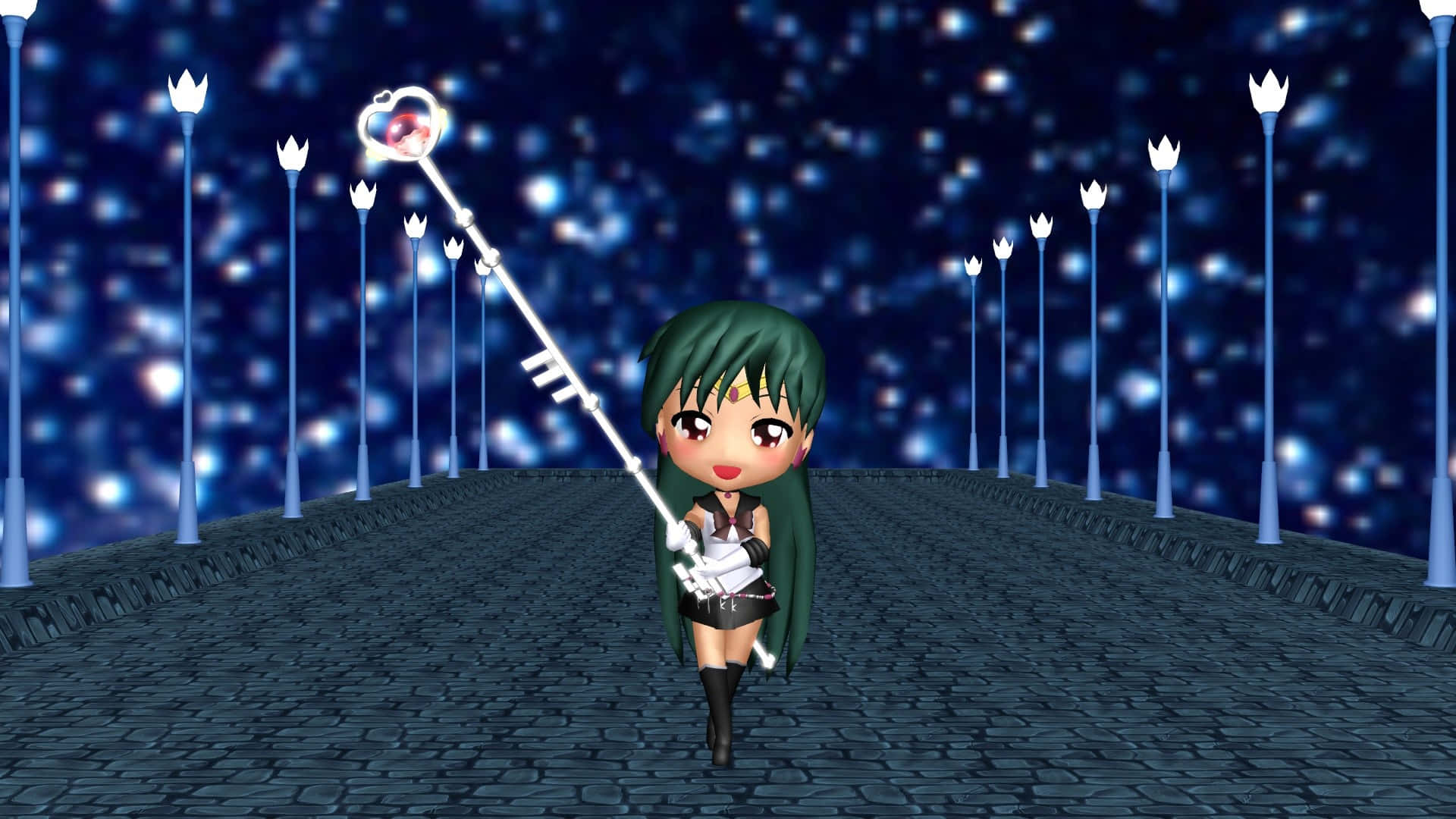 Sailor Pluto, chibi anime girl, green hair, Full HD Desktop Wallpaper