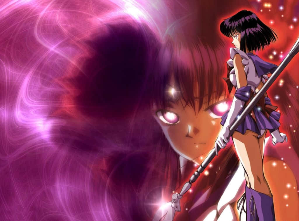 Sailor Saturn, glowing pink eyes, staff, SD Desktop Wallpaper