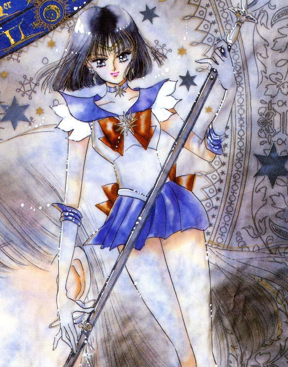 Sailor Saturn, blue and white sailor uniform, staff, HD Phone Wallpaper