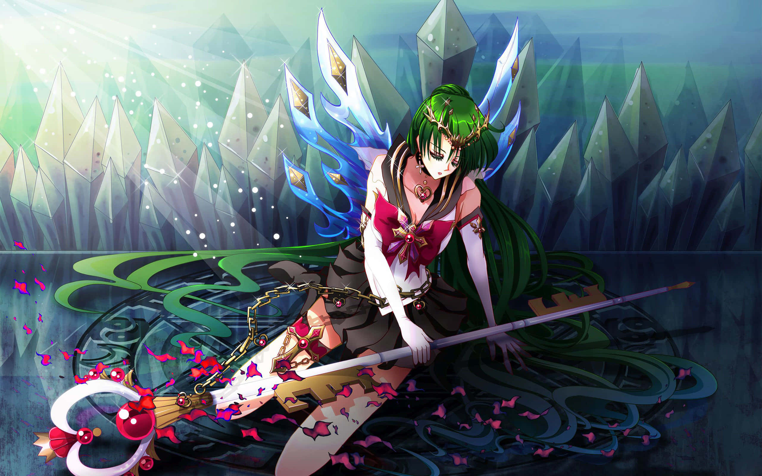 Sailor Saturn, green-haired anime witch, blue wings, 2K Desktop Wallpaper