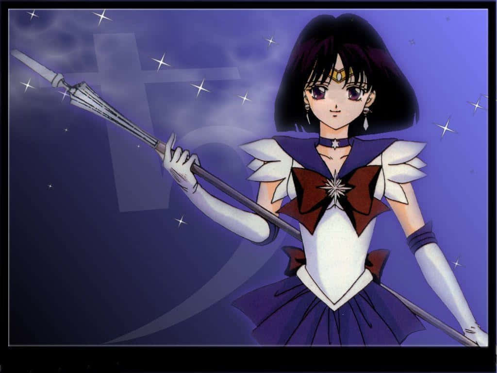 Sailor Saturn, purple and white uniform, glowing spear, SD Desktop Wallpaper