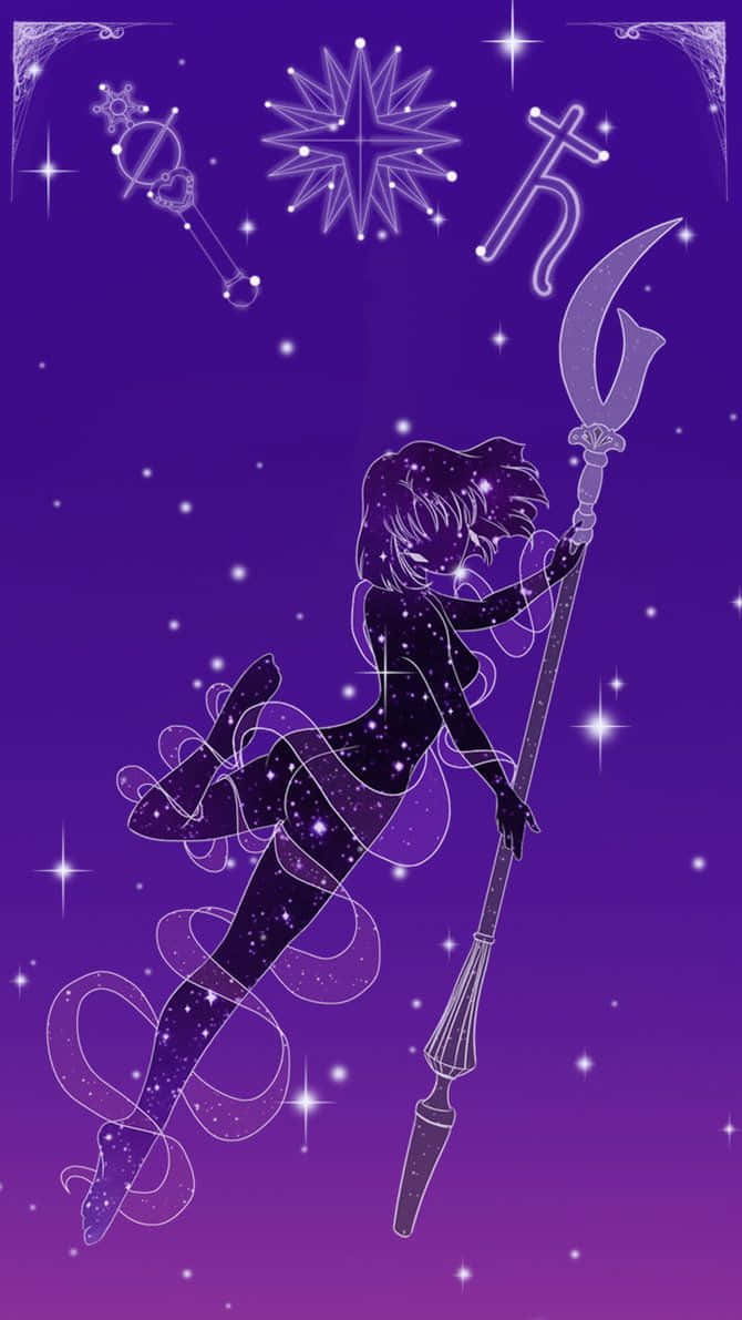 Sailor Saturn, crescent moon staff, purple starry sky, SD Phone Wallpaper