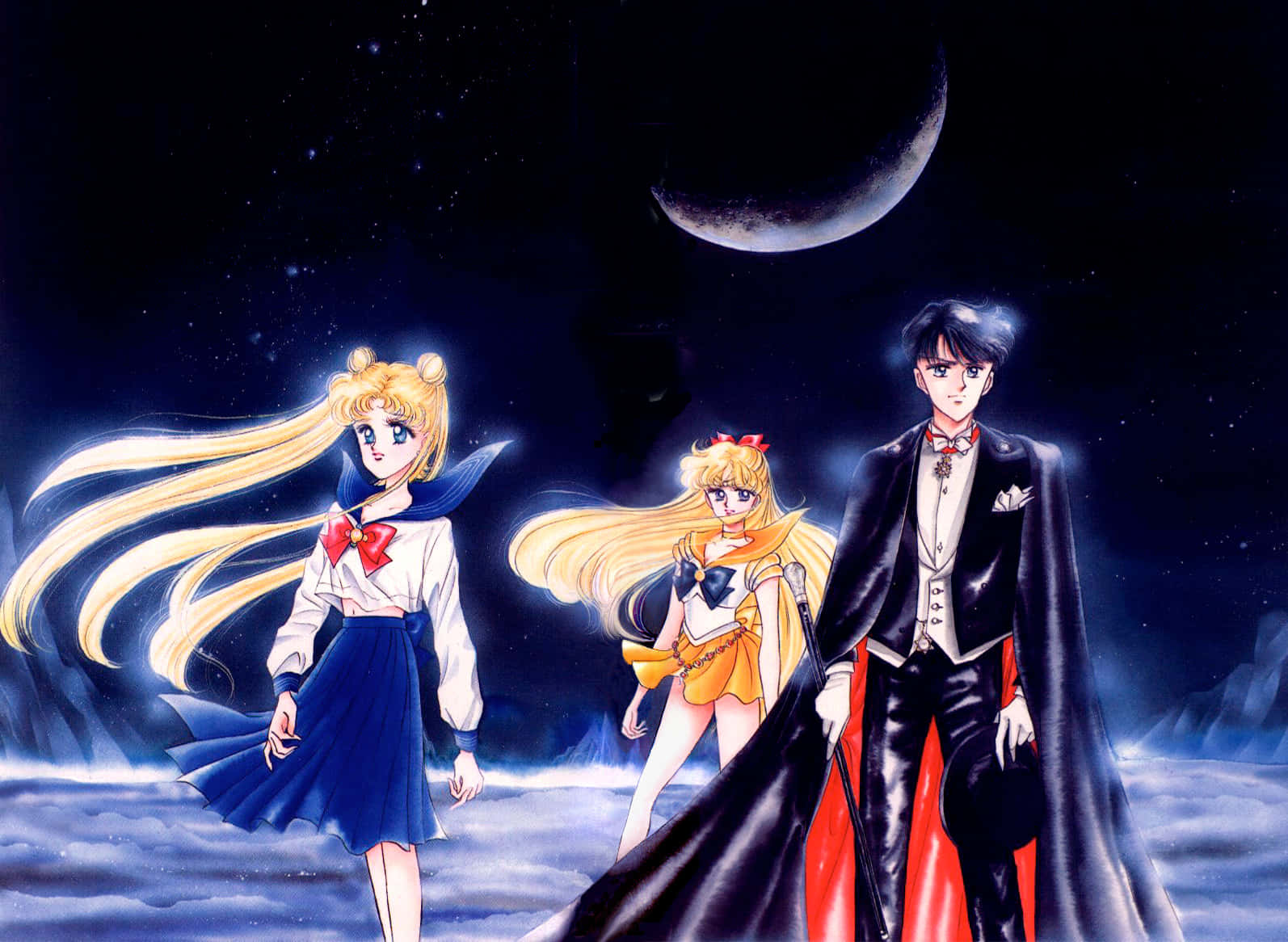 Sailor Venus, crescent moon, starry night sky, HD Desktop Wallpaper