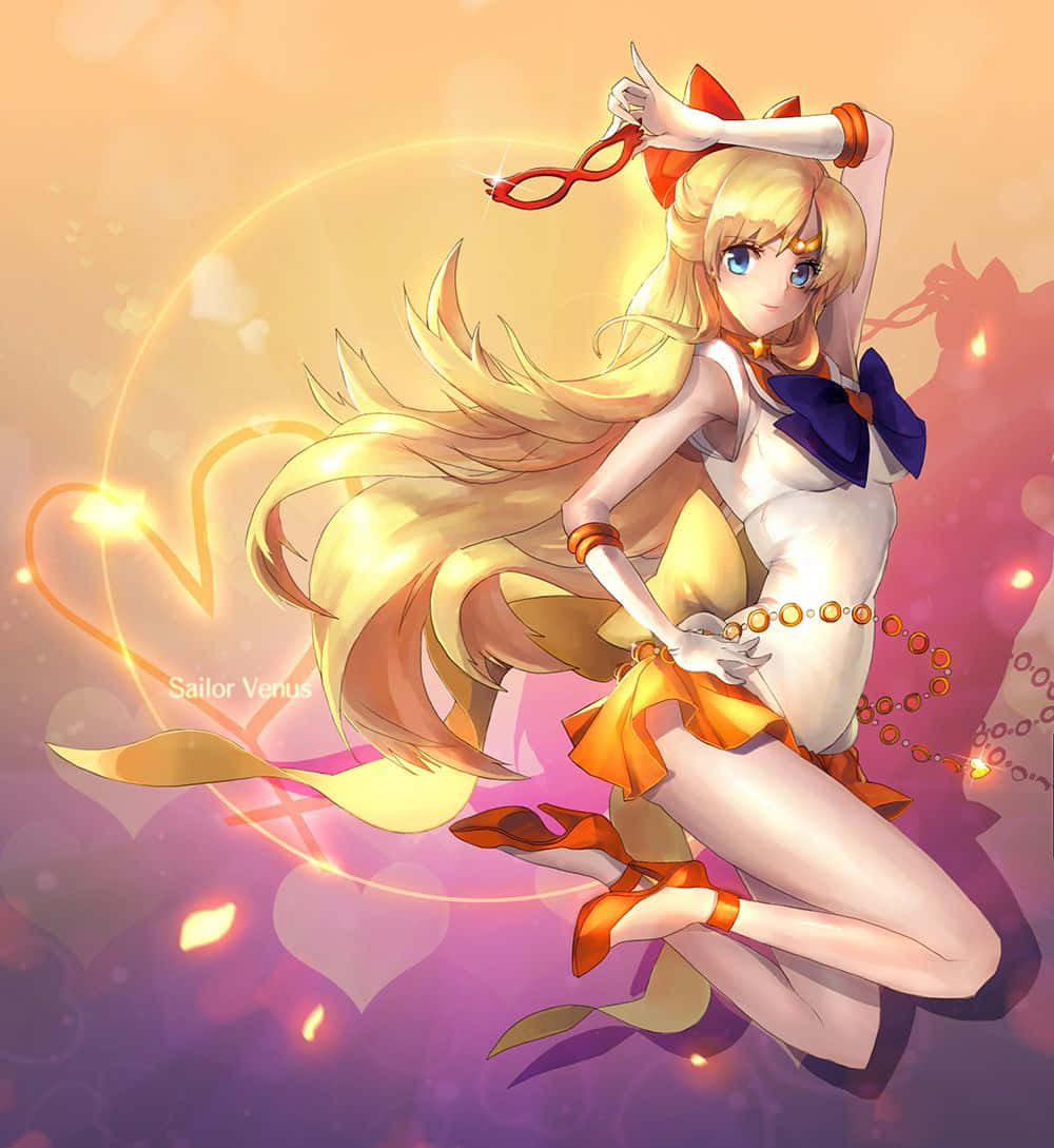 Sailor Venus, glowing heart motifs, warm golden and purple gradient background, SD Phone Wallpaper