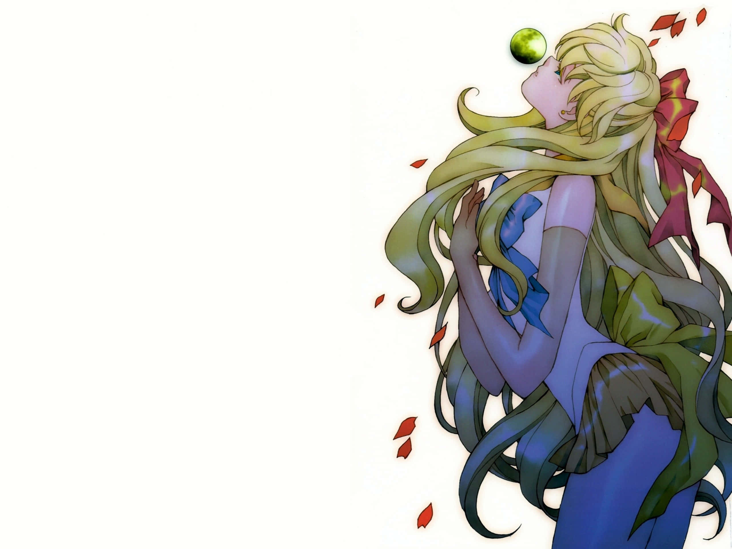 Sailor Venus, green hair, red bow, 2K Desktop Wallpaper