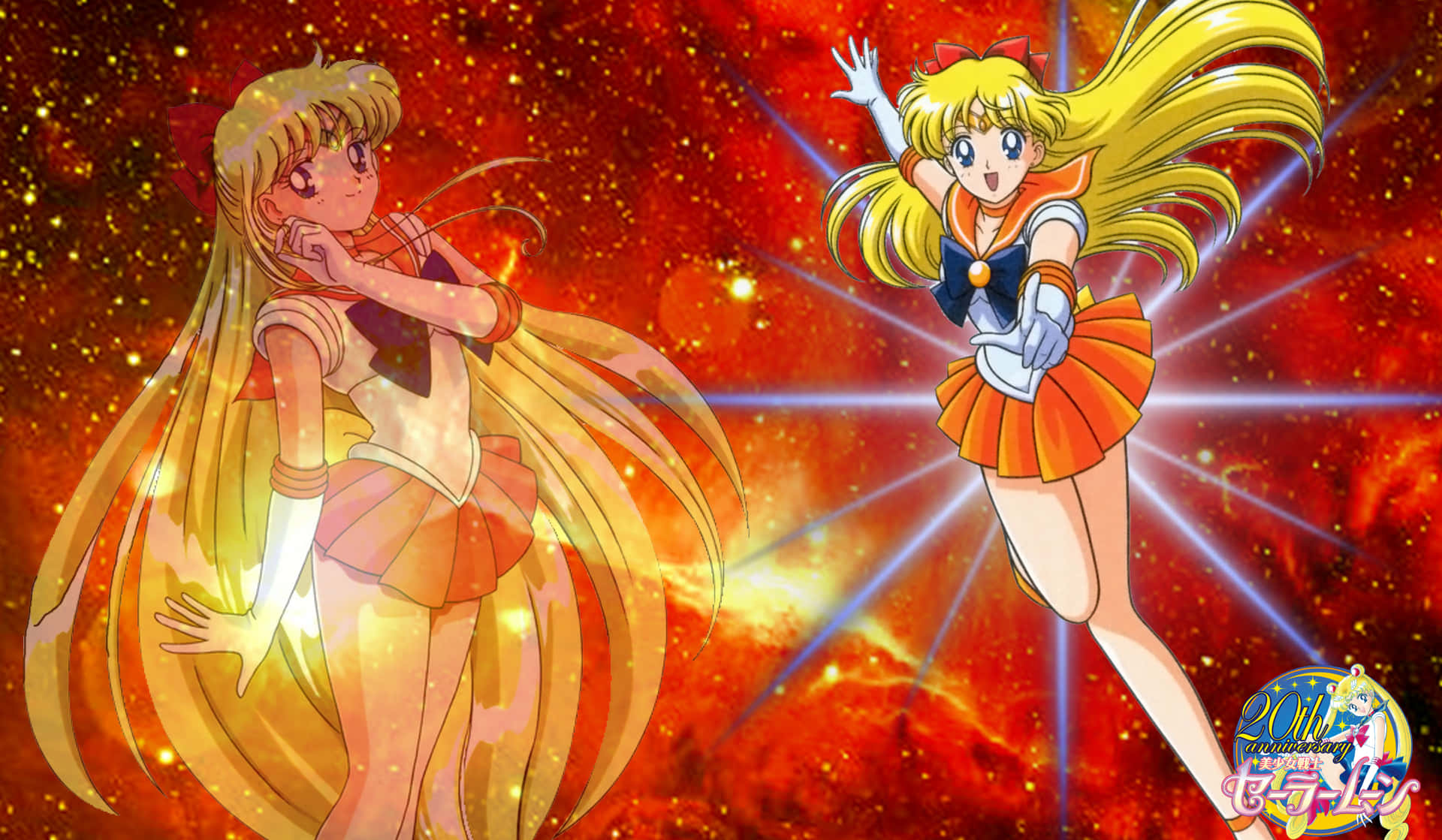Sailor Venus, sailor uniforms, fiery cosmic background, Full HD Desktop Wallpaper