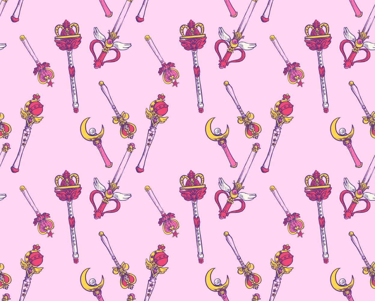 Sailor Moon, pink background, repeating anime-style magical wands, SD Desktop Wallpaper