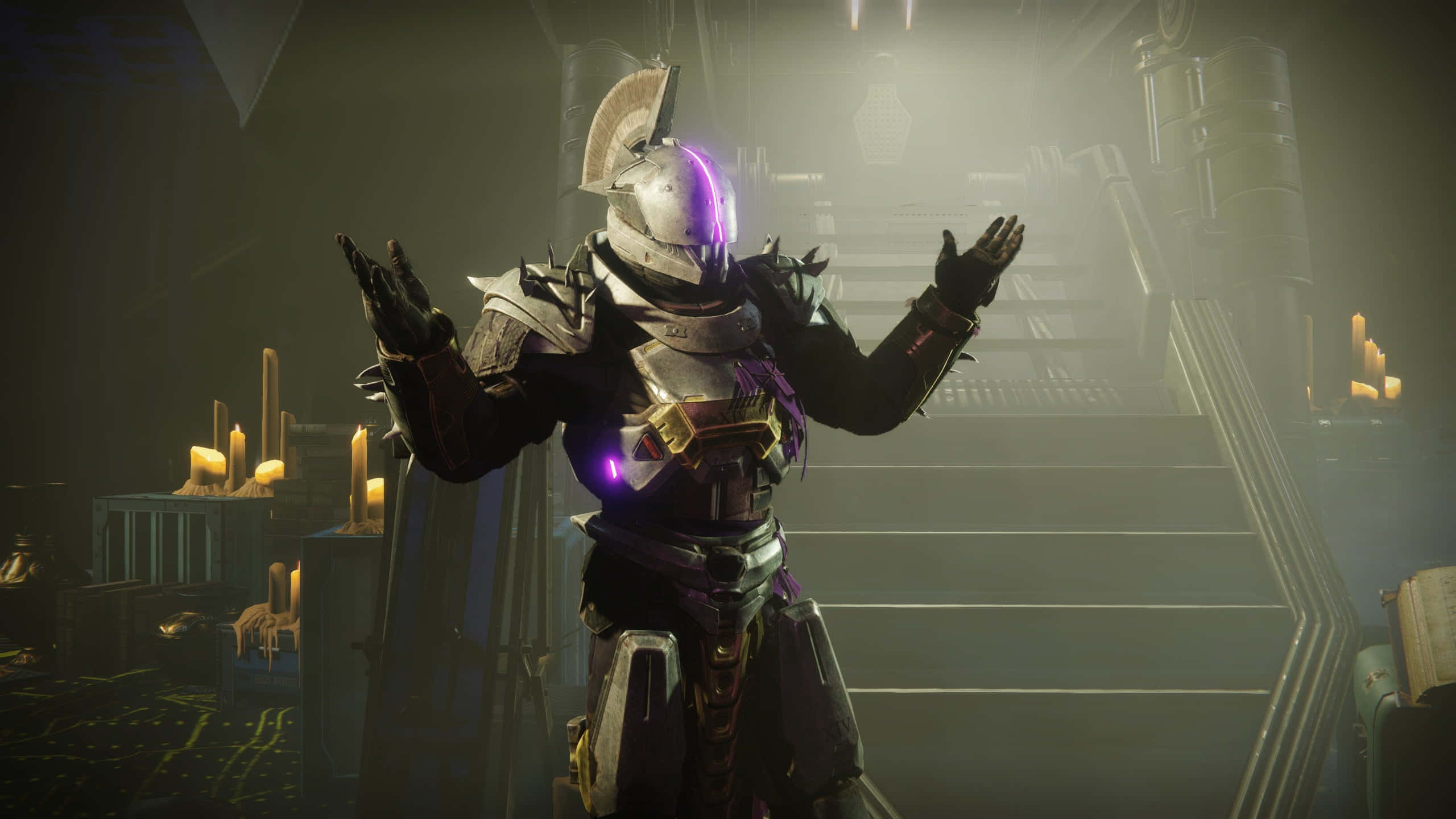 Saint-14, glowing purple accents, misty staircase, 2K Desktop Wallpaper