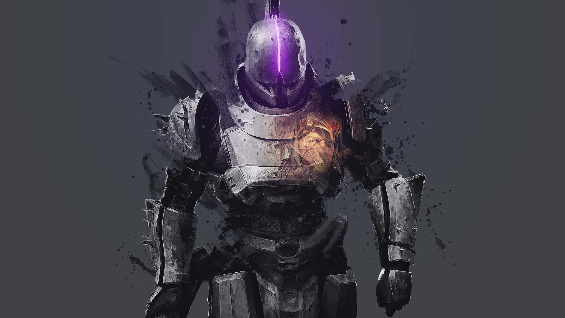 Saint-14, glowing purple helmet, fiery chest emblem, Full HD Desktop Wallpaper