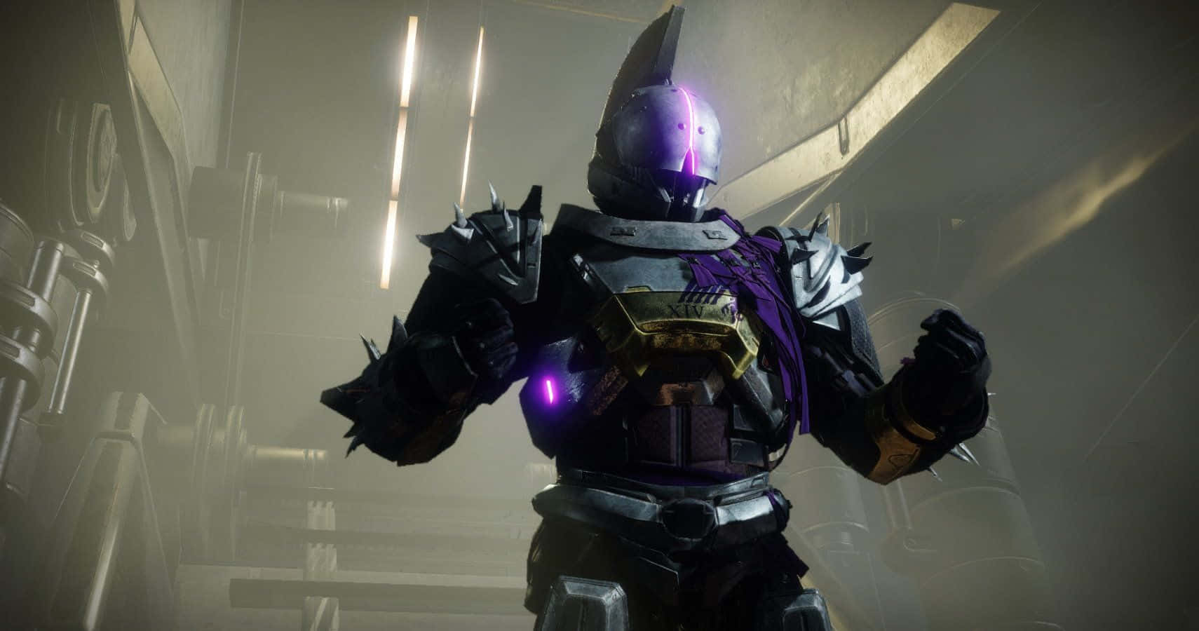 Saint-14, dark purple and gold armor, misty industrial corridor, HD Desktop Wallpaper