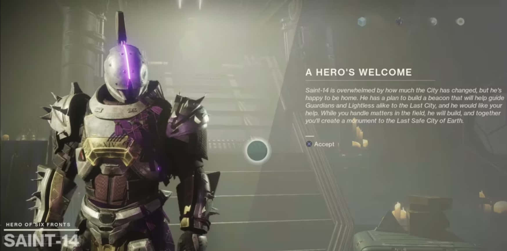 Saint-14, glowing purple accents, dimly lit sci-fi cityscape, HD Desktop Wallpaper