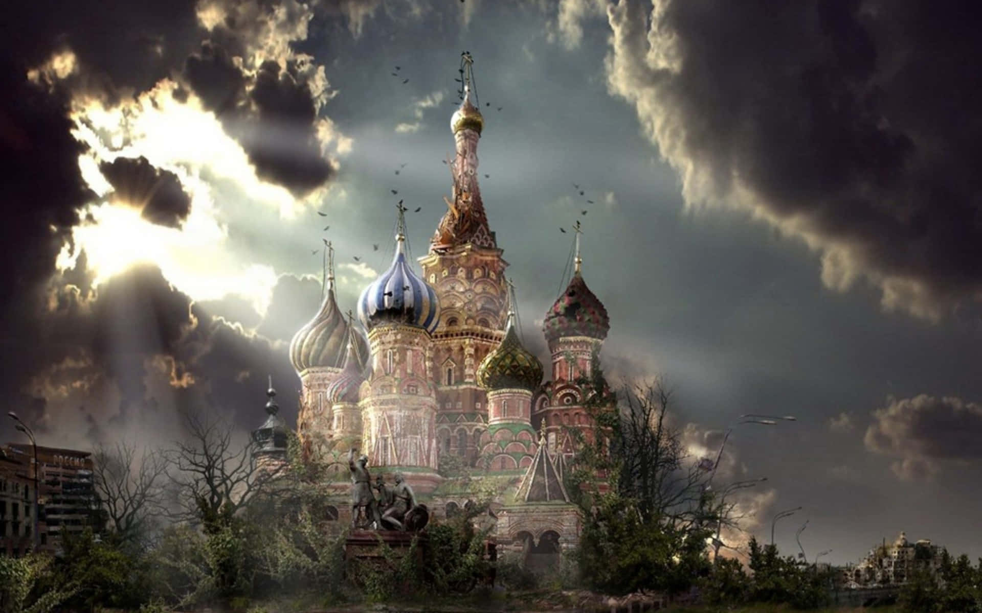 Saint Basils Cathedral, colorful onion domes, overgrown ruins, Full HD Desktop Wallpaper
