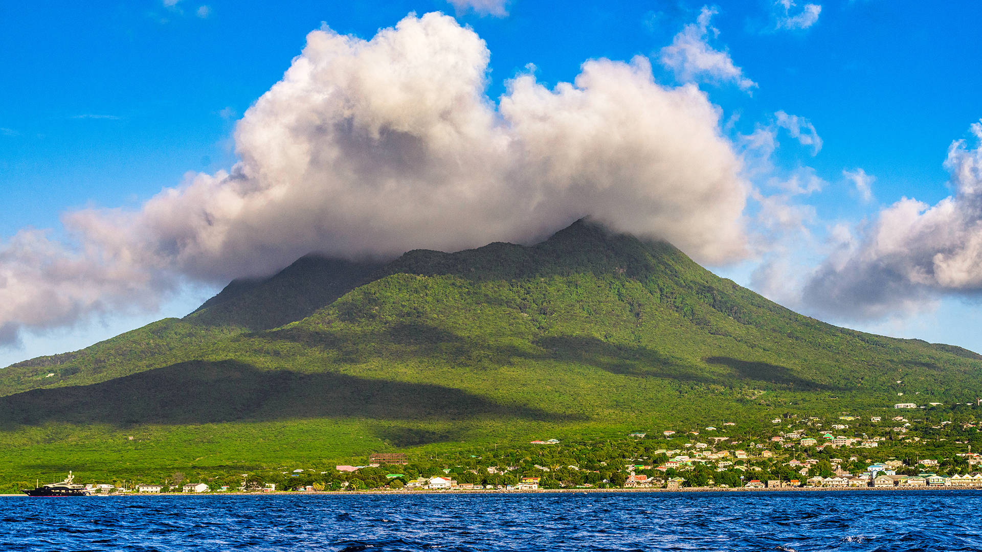 Saint Kitts And Nevis, cloudy mountain, lush green mountain, Full HD Desktop Wallpaper