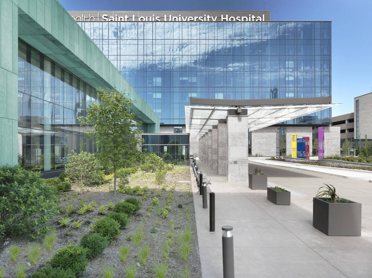 Saint Louis University, glass and concrete, lush green landscaping, HD Desktop Wallpaper
