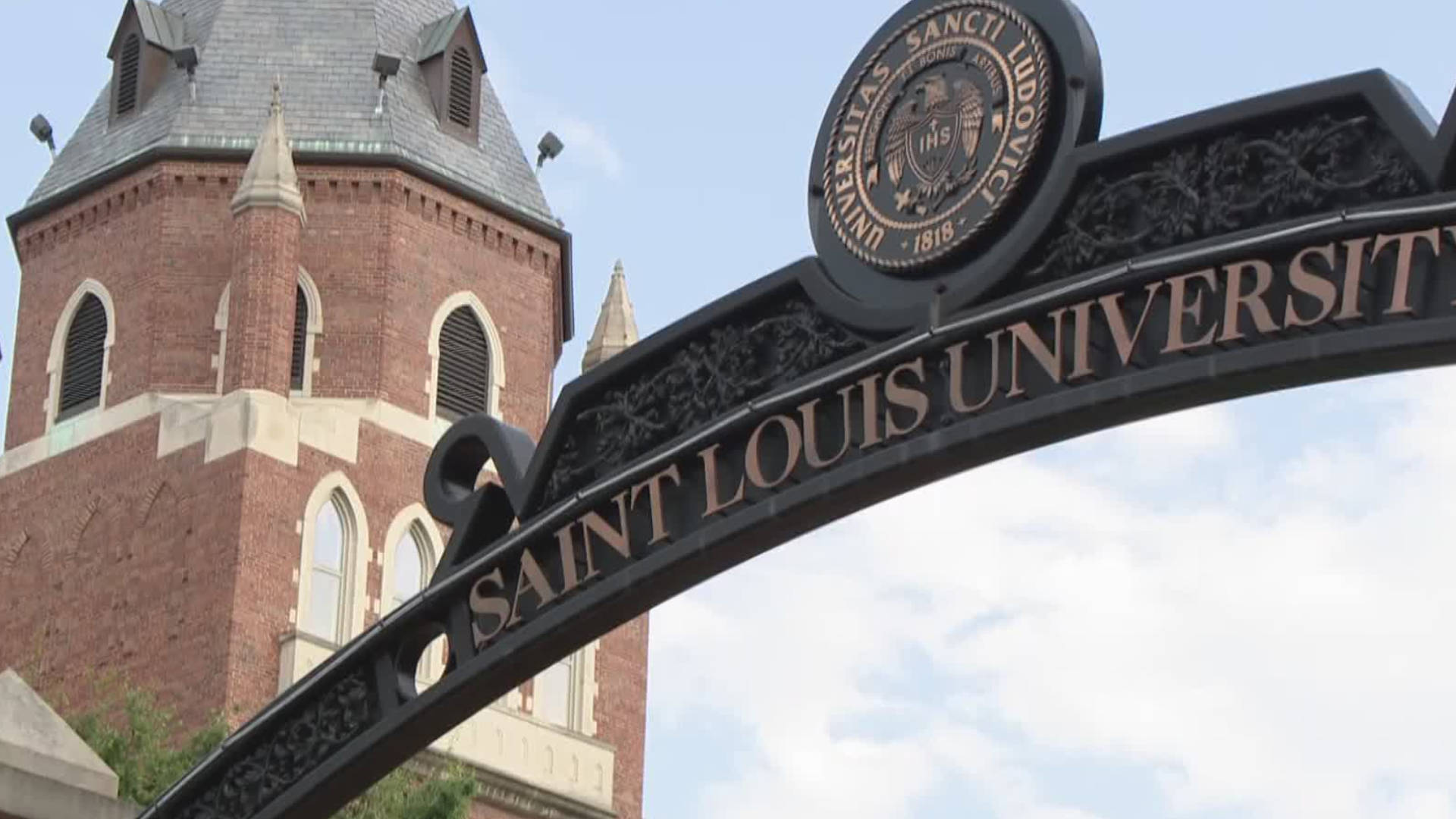 Saint Louis University, black wrought iron arch, red brick Gothic-style tower, Full HD Desktop Wallpaper