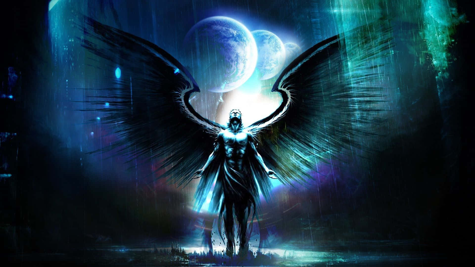 Saint Michael, dark-winged angelic figure, stormy cosmic landscape, Full HD Desktop Wallpaper