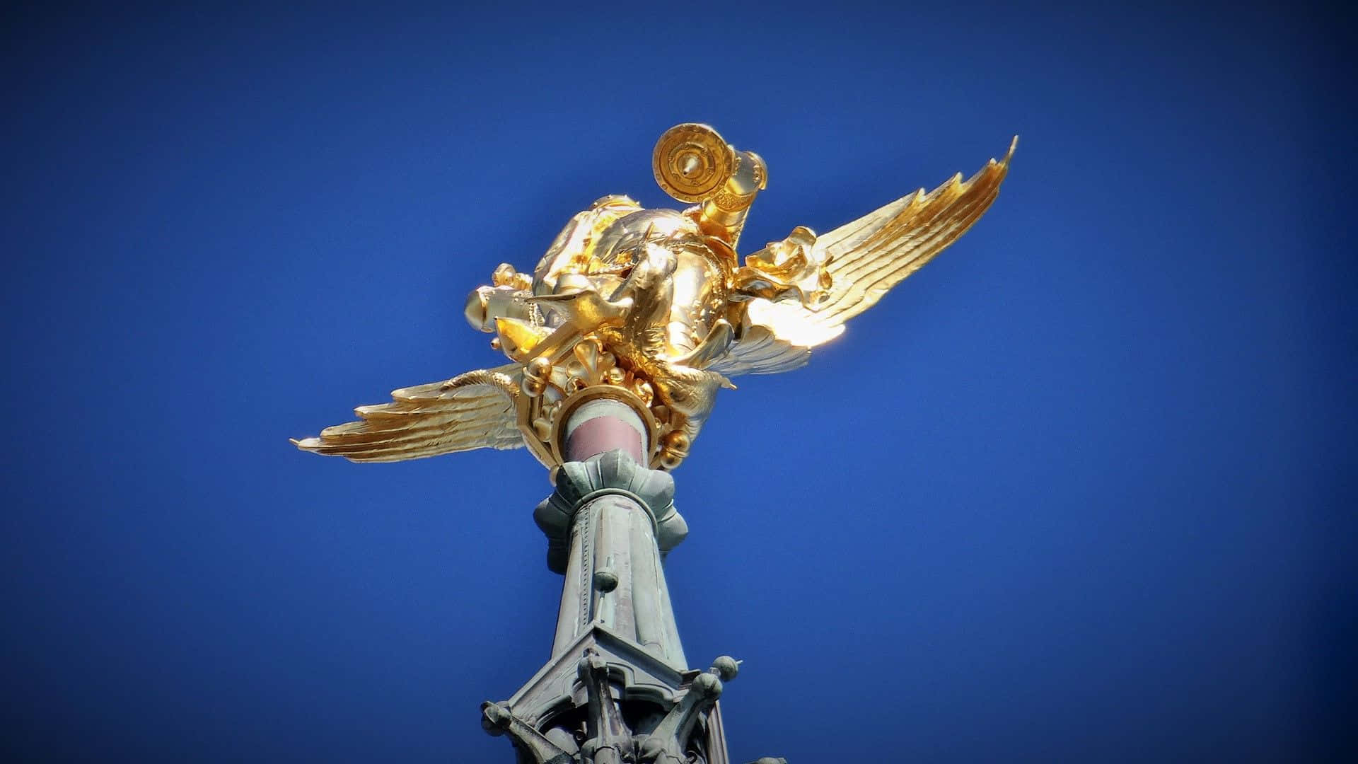 Saint Michael, golden winged angel, ornate column, Full HD Desktop Wallpaper