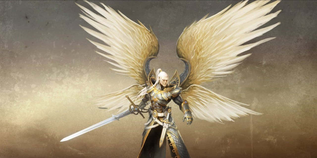 Saint Michael, massive white wings, gleaming sword, HD Desktop Wallpaper