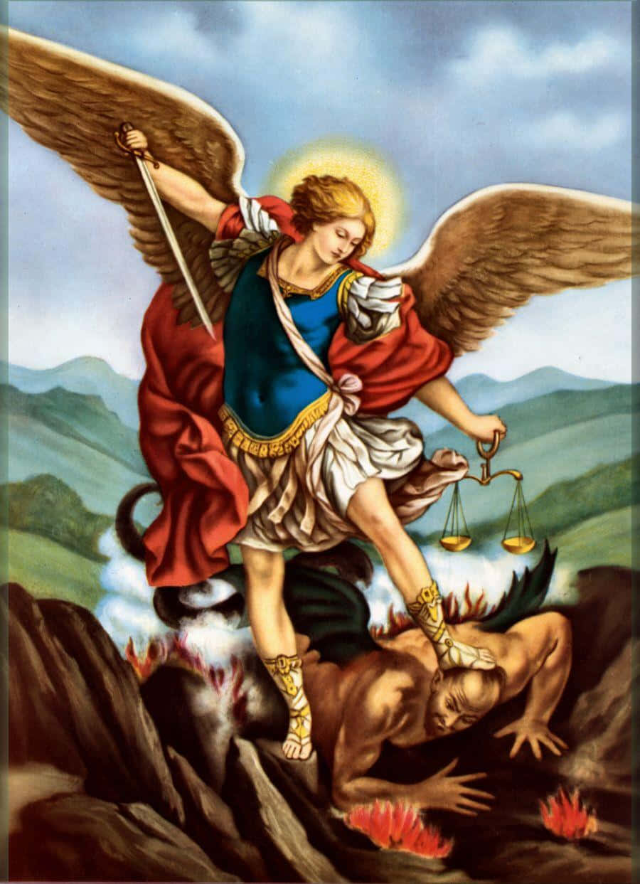 Saint Michael, golden wings, red robe, SD Phone Wallpaper