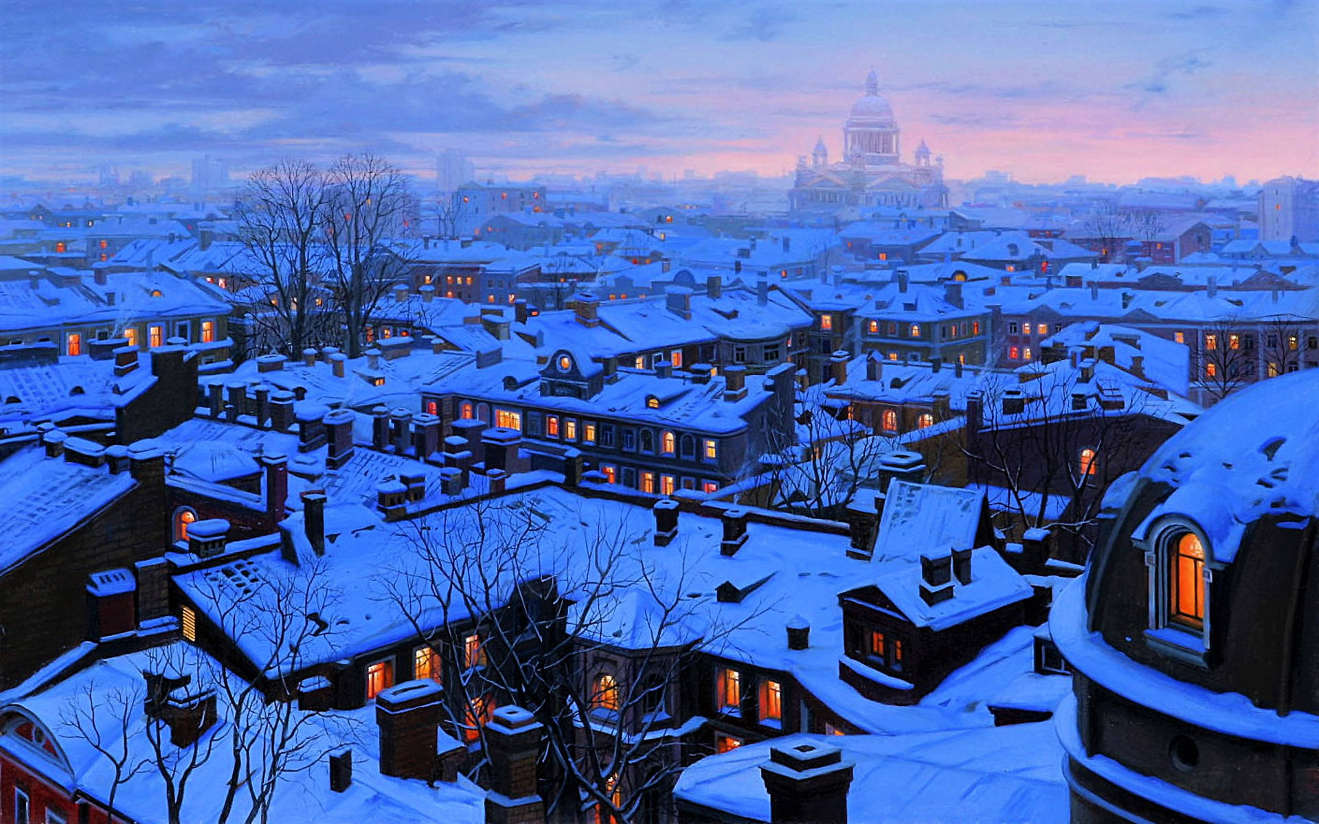 snowy roof, Saint Petersburg, twilight, Full HD Desktop Wallpaper