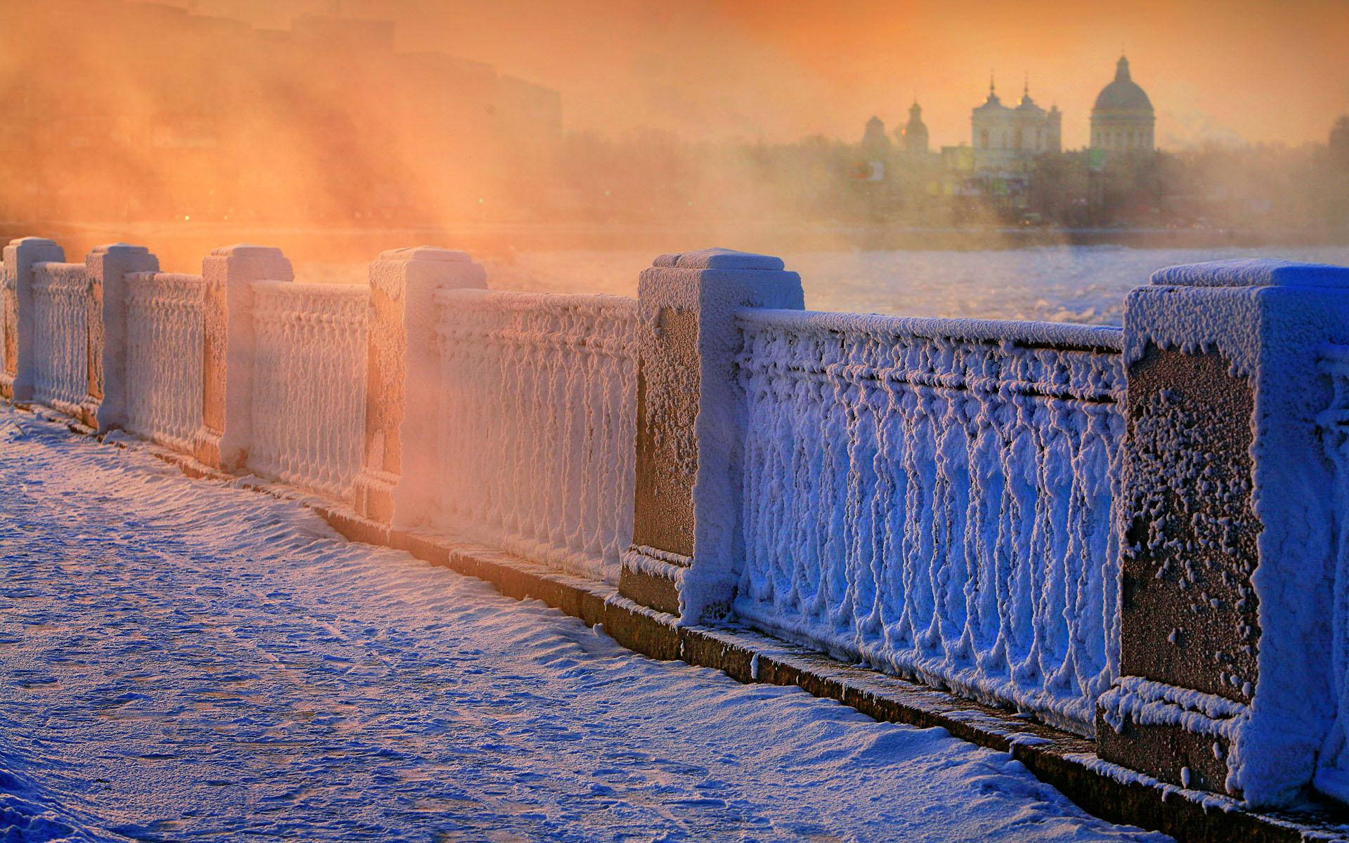 Saint Petersburg, winter season, snow-covered bridge railing, Full HD Desktop Wallpaper