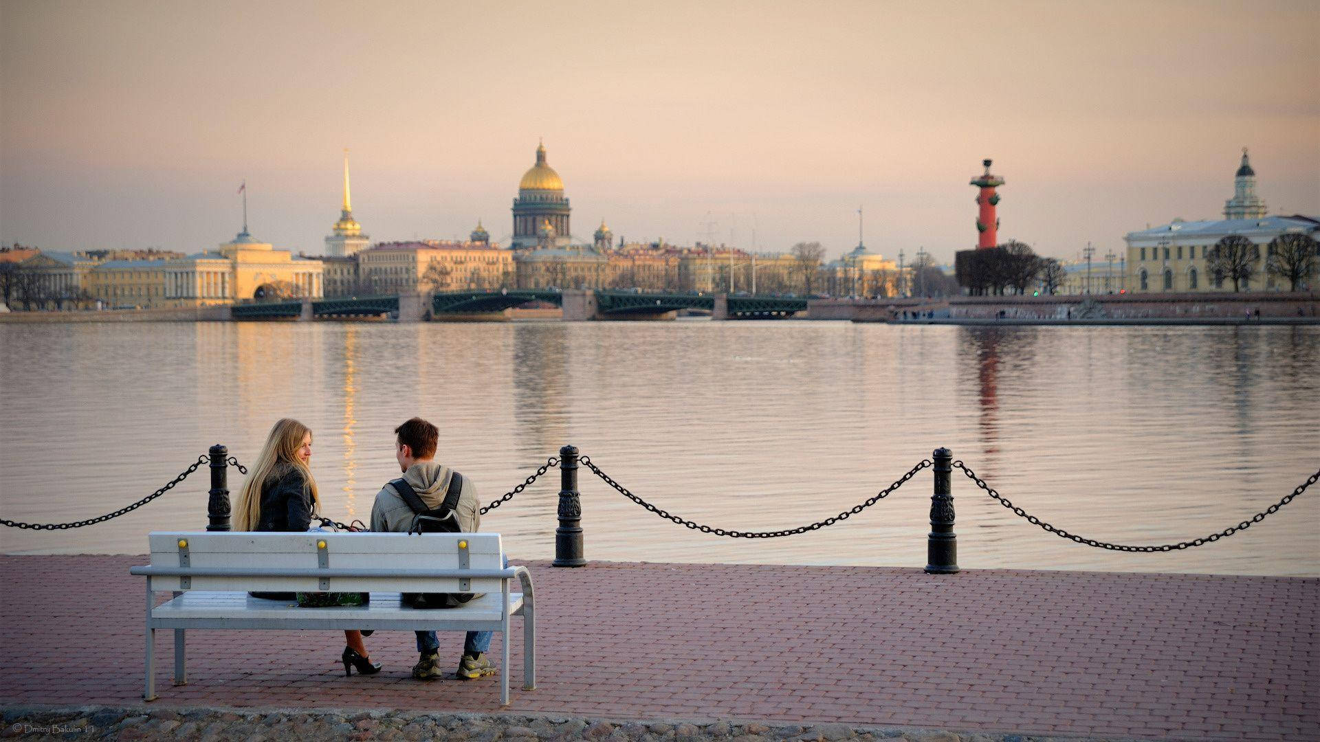 Saint Petersburg, bench, calm river, Full HD Desktop Wallpaper