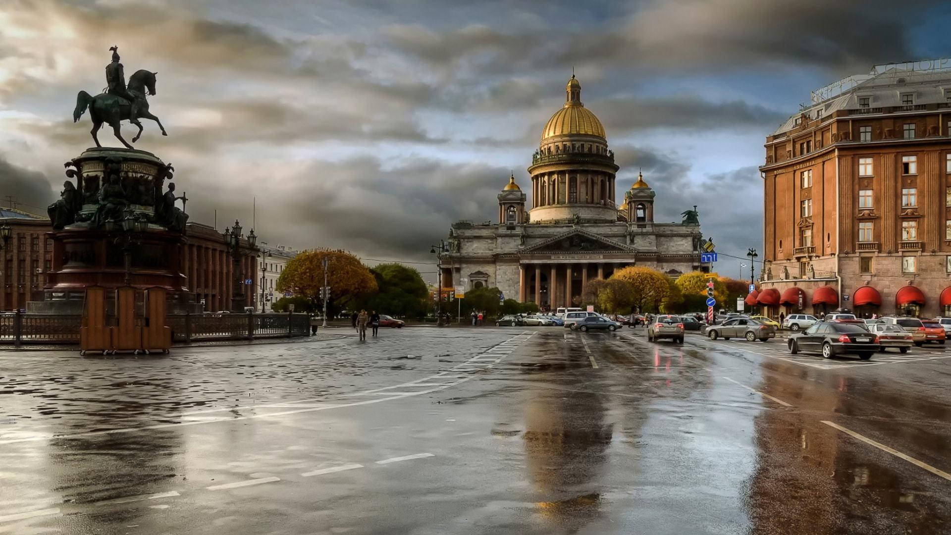 Saint Petersburg, golden-domed cathedral, bronze equestrian statue, Full HD Desktop Wallpaper