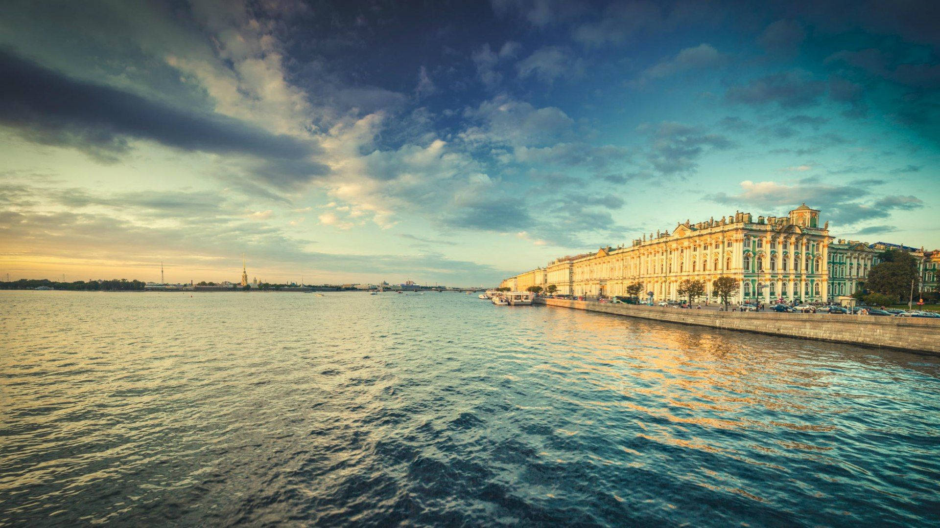 Saint Petersburg, Sunset, riverside palace, Full HD Desktop Wallpaper